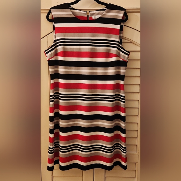 Calvin Klein Dress Womens sz 14 Red Tan Black Stripe Sleeveless Sheath - Picture 1 of 7